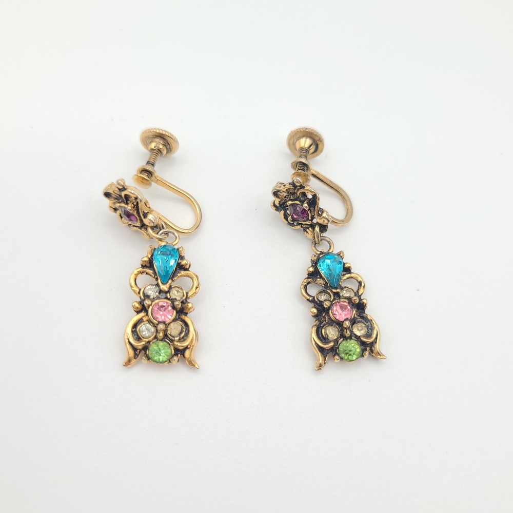 Vintage Dafri Multicolor Rhinestone Dangle Screw Back Earrings